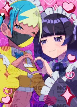 2girls apron aqua_hair bandeau black_dress black_hair black_mask blonde_hair blue_eyes blunt_bangs blush bob_cut breasts canari_(pokemon) closed_mouth commentary_request dark-skinned_female dark_skin dress frills gradient_hair gwynn_(pokemon) heart heart-shaped_pupils heart_hands heart_hands_duo highres long_sleeves looking_at_another looking_at_viewer maid maid_apron maid_headdress mask mouth_mask multicolored_hair multiple_girls navel nemunemu_0826 nintendo one_eye_closed open_mouth pokemon pokemon_legends:_z-a purple_eyes purple_hair short_hair short_twintails smile split-color_clothes split-color_hair symbol-shaped_pupils too_many_watermarks twintails two-tone_hair two-tone_mask upper_body watermark yellow_bandeau yellow_mask