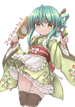 1girl apron aqua_hair black_thighhighs blush braid commentary_request frilled_skirt frilled_sleeves frills japanese_clothes kimono long_hair maid new_year obi orange_eyes original sash short_kimono skirt smile thighhighs ugogogesik wa_maid white_apron white_background wide_sleeves