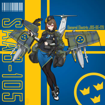 Rule 34 | 1girl, absurdres, air-to-air missile, aircraft, black pantyhose, black shirt, blue skirt, bomb, breasts, brown hair, closed mouth, clothing cutout, coat of arms, commentary request, explosive, full body, glasses, gun, hat, highres, holding, holding tablet pc, jacket, jacket on shoulders, long sleeves, looking at viewer, mecha musume, medium breasts, medium hair, original, pantyhose, personification, purple eyes, saab 105, shirt, sideboob, skirt, smile, swedish air force, swedish flag, tablet pc, tre kronor, vf31j, war thunder, weapon