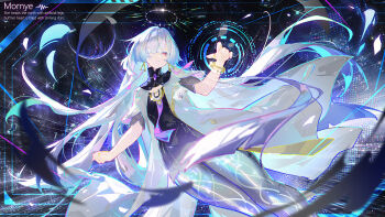 1girl breasts character_name chinese_commentary colored_eyelashes commentary_request dress english_text grey_hair halo highres id_card jacket long_hair mornye_(wuthering_waves) purple_dress red_eyes see-through_body small_breasts solo tacet_mark_(wuthering_waves) white_jacket wuthering_waves yu_e_baba