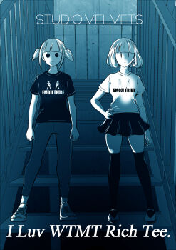 2girls blunt_bangs bob_cut breasts commentary_request english_text futaki_shiki highres limited_palette medium_breasts multiple_girls nakano_hitomi pants pleated_skirt shirt shoes skirt sneakers solid_circle_eyes stairs sweatpants swimsuit t-shirt thighhighs twintails uchi_emiri watashi_ga_motenai_no_wa_dou_kangaetemo_omaera_ga_warui! zettai_ryouiki