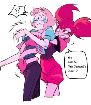2girls absurdres black_pants blue_eyes blue_jacket blush colored_skin commentary_request elasticity extendable_limbs gloves highres hug jacket korean_commentary korean_text makeup multiple_girls pants pearl_(steven_universe) pink_eyes pink_gloves pink_hair pink_shorts pink_skin puffy_short_sleeves puffy_sleeves ringed_eyes runny_makeup short_hair short_sleeves shorts smile spinel_(steven_universe) steven_universe steven_universe:_the_movie tthhdddd twintails yuri