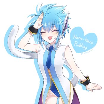 1girl absurdres blue_hair blue_necktie cat_tail character_name cowboy_shot galaxy_angel galaxy_angel_rune gluteal_fold highres nano-nano_pudding necktie ritsu_(r_litsuca) salute short_hair sidelocks sleeveless solo spiked_hair tail thighhighs twitter_username