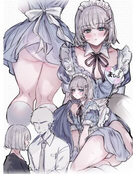 2boys absurdres ass bad_source bob_cut crossdressing crossdressing_(mtf) gloves green_eyes highres hirakawa_mahiru_(imamiya_pinoko) imamiya_pinoko maid maid_headdress male_focus male_maid multiple_boys original panties short_hair simple_background trap underwear white_gloves white_hair white_panties