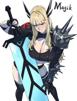 Rule 34 | 1girl, :3, ;p, absurdres, armor, asymmetrical gloves, black gloves, blonde hair, blunt bangs, breasts, character name, chinese commentary, cleavage, cleavage cutout, clothing cutout, commentary, crop top, fingerless gloves, gloves, heart, highres, holding, holding sword, holding weapon, huge breasts, huge weapon, long hair, looking at viewer, magik (x-men), marvel, new mutants, one eye closed, pauldrons, short shorts, shorts, shoulder armor, single arm guard, solo, spiked pauldrons, spikes, sword, taiyang yu, tongue, tongue out, weapon, x-men