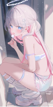 Rule 34 | 1girl, absurdres, arm strap, bandeau, bare shoulders, beads, blue eyes, breasts, candy, choker, commentary request, food, frilled shorts, frills, from side, halo, heart, heart o-ring, highres, holding, holding candy, holding food, holding lollipop, indie virtual youtuber, kneehighs, lollipop, long hair, looking at viewer, loose socks, midriff, moemoepiano, multicolored hair, o-ring, open mouth, otonoha moe, pink hair, shoes, short shorts, shorts, small breasts, smile, socks, solo, squatting, strapless, thigh strap, thighs, tube top, two-tone hair, virtual youtuber, white bandeau, white choker, white hair, white shoes, white shorts, white socks