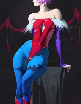 1girl animal_print arm_support artist_name bare_shoulders bat_print bat_wings black_background blue_pantyhose boots commentary darkstalkers dated demon_girl detached_sleeves english_commentary eyes_out_of_frame flat_chest fur-trimmed_leotard fur_trim head_out_of_frame highleg highleg_leotard leotard lilith_(darkstalkers) looking_to_the_side neozumi pantyhose parted_lips pink_hair print_pantyhose red_boots red_leotard short_hair signature sitting solo strapless strapless_leotard wings