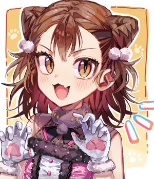 Rule 34 | 1girl, :3, :d, brown eyes, brown hair, claw pose, commentary, cone hair bun, double bun, dress, fang, figure skating dress, fur-trimmed dress, fur-trimmed gloves, fur trim, gloves, hair bun, hair ornament, hair pulled back, highres, looking at viewer, medalist (manga), medium hair, miketa ryouka, misois2m, notice lines, open mouth, paw print, pink dress, pom pom (clothes), pom pom hair ornament, portrait, short hair, skin fang, sleeveless, sleeveless dress, smile, solo, white gloves