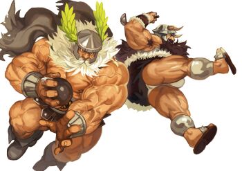 2boys absurdres armpit_hair armpits bara battle beard bulge bulge_peek character_request dragon's_crown dungeon_meshi dwarf facial_hair fake_horns fighting_stance full_beard full_body helmet highres horned_helmet horns large_pectorals loincloth long_beard looking_ahead male_focus mature_male midair multiple_boys muscular muscular_legs muscular_male mustache pectorals profile senshi_(dungeon_meshi) side-by-side species_connection thick_beard thick_mustache thighs topless_male traver009 veins veiny_arms very_long_beard winged_helmet