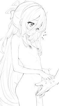 1girl blue_archive breasts commentary completely_nude cowboy_shot english_commentary fingering from_side greyscale hair_between_eyes halo heart highres kei_(blue_archive) koko_(user_hktv5235) long_hair monochrome nipples nude pussy simple_background small_breasts solo_focus vaginal very_long_hair white_background