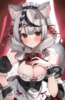 1girl animal_ear_fluff animal_ears belt black_belt blurry blurry_background blush bow breasts cat_ears cleavage closed_mouth detached_sleeves dress frilled_dress frilled_wristband frills frown grey_hair hair_ornament highres hololive looking_at_viewer maid_headdress medium_breasts multicolored_hair punikasu red_bow red_eyes sakamata_chloe sweat swept_bangs tail two-tone_hair upper_body wavy_hair x_hair_ornament