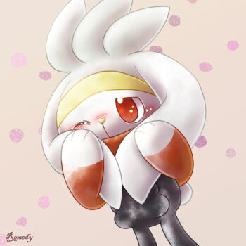 animal_focus artist_name chibikemo commentary_request gen_8_pokemon nintendo no_humans one_eye_closed pokemon pokemon_(creature) rabbit raboot red_eyes remedy_matome standing white_background white_hair