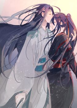 2boys ahoge amana_raika black_hair black_hanfu blue_sash chinese_clothes closed_eyes closed_mouth couple floating_hair hair_ribbon hand_in_another&#039;s_hair hanfu headband height_difference highres holding_another&#039;s_hair kiss kissing_forehead lan_wangji long_hair long_sleeves male_focus modao_zushi multiple_boys ponytail profile red_ribbon red_sash ribbon robe sash sidelocks smile standing very_long_hair wei_wuxian white_hanfu white_headband wide_sleeves yaoi