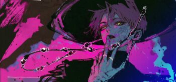 Rule 34 | 1boy, baby (kpop demon hunters), black hanbok, black hat, body markings, changback99, demon, gat (hat), gatkkeun, hair between eyes, hanbok, hashtag-only commentary, hat, jewelry, korean clothes, kpop demon hunters, looking at viewer, male focus, pink background, ring, short hair, solo, yellow eyes