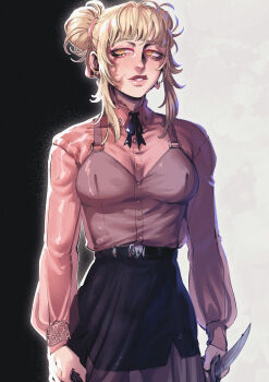 1girl absurdres bags_under_eyes belt black_background blackberreh-art blonde_hair blush boku_no_hero_academia bow breasts collared_shirt double_bun earrings eyelashes hair_bun hair_ribbon highres holding holding_knife jewelry knife lips long_sleeves messy_hair parted_lips ribbon scar scar_on_face see-through_clothes see-through_shirt see-through_skirt shirt sidelocks skirt solo toga_himiko white_background yellow_eyes