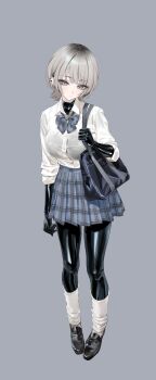 1girl absurdres aqua_eyes bag barbell_piercing black_bodysuit blue_bag blue_skirt blush bodysuit bodysuit_under_clothes closed_mouth collared_shirt ear_piercing earrings gloves grey_hair highres industrial_piercing jewelry latex latex_bodysuit latex_gloves loafers looking_at_viewer loose_socks multiple_piercings original piercing plaid_clothes plaid_skirt pleated_skirt school_bag school_uniform shiny_clothes shirt shoes short_hair shoulder_bag skin_tight skirt socks solo standing white_shirt white_socks yd_(orange_maru)
