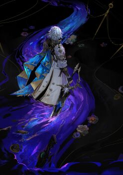 1boy black_gloves black_shirt blue_cape cape coat fingerless_gloves flower from_above gloves hashtag-only_commentary highres holding holding_sword holding_weapon honkai:_star_rail honkai_(series) male_focus ohagiwen phainon_(honkai:_star_rail) popped_collar shirt side_cape sleeve_cuffs solo sword two-sided_cape two-sided_fabric walking weapon white_coat