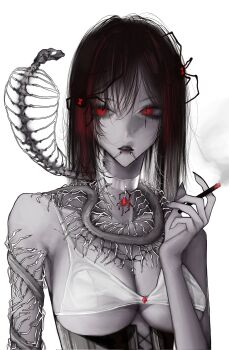 1girl black_widow_(spider) breasts bug colored_skin corset grey_skin highres l99ayane medium_breasts multicolored_hair piercing red_eyes smoking spider streaked_hair