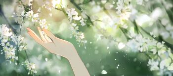 1girl dappled_sunlight flower hand_up highres morimori_(14292311) original petals rain solo sunlight white_petals