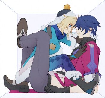 1boy 1girl 3d_background ahoge angry annoyed black_boots black_gloves black_hat black_pants blonde_hair blue_capelet blue_eyes blue_hair blue_pants blue_scarf boots capelet closed_eyes commentary couple cropped_jacket diamond_(shape) dqdph english_commentary from_side gloves gradient_pants hands_on_another&#039;s_chest hat height_difference hetero highres honkai:_star_rail honkai_(series) jacket kabedon knee_boots leg_lock light_smile lynx_landau medium_hair multicolored_hair pants red_jacket sampo_koski scarf serious short_hair simple_background streaked_hair stuck stuck_in_a_box white_hair white_jacket winter_clothes