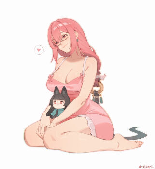 2girls artist_name barefoot black_hair blush breasts cleavage closed_mouth commentary dnaitari earrings english_commentary feet full_body glasses hair_between_eyes heart highres hoshimi_miyabi jewelry large_breasts long_hair multiple_girls pink_eyes pink_hair red_eyes ring_hair_ornament sidelocks simple_background sitting smile stuffed_toy thighs tsukishiro_yanagi white_background yuri zenless_zone_zero