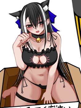 1girl animal_ears bare_shoulders bell black_bra black_hair black_panties blush box bra breasts cardboard_box cat_cutout cat_ear_panties cat_ears cleavage clothing_cutout fate/grand_order fate_(series) frilled_bra frills grey_eyes highres jingle_bell kawakami_gensai_(fate) large_breasts long_hair looking_at_viewer mcpc_zamurai navel neck_bell open_mouth panties solo underwear