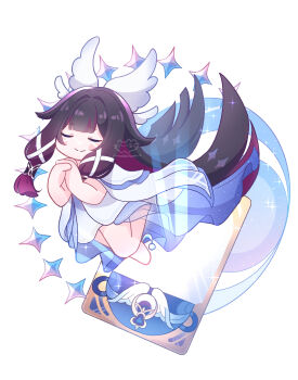 1girl absurdres black_hair blush chibi chibi_only closed_eyes closed_mouth columbina_(genshin_impact) commentary_request dress genshin_impact hair_ornament highres long_hair long_sidelocks mina_(minaleafeon_c) multicolored_hair own_hands_together primogem purple_hair sidelocks simple_background smile solo twitter_username very_long_hair white_background white_dress wing_hair_ornament