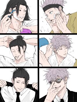 Rule 34 | 2boys, adjusting eyewear, arms up, black eyes, black hair, black necktie, blue eyes, clenched teeth, closed eyes, collared shirt, commentary request, earrings, fingernails, getou suguru, gojou satoru, hair dryer, hand up, hands up, headband, highres, index finger raised, jewelry, jujutsu kaisen, looking at viewer, male focus, miso (jamin1062), multiple boys, multiple views, musical note, necktie, open mouth, parted lips, round eyewear, shaving, shaving cream, shirt, short hair, simple background, smile, teeth, tying hair, white background, white shirt, wing collar