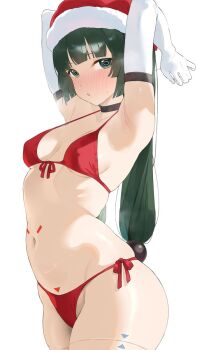 1girl android armpits arms_up bare_shoulders bikini black_choker blunt_bangs breasts byeon_dha choker commentary cowboy_shot elbow_gloves gloves green_eyes green_hair groin hair_ornament hat highres joints long_hair navel presenting_armpit qingyi_(zenless_zone_zero) red_bikini red_hat robot_joints solo sphere_hair_ornament standing stomach swimsuit thighs very_long_hair white_gloves zenless_zone_zero