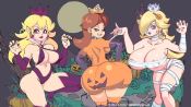 3girls animated areola_slip ass ass_shake bandages bat_earrings bat_wings blonde_hair blue_lips bouncing_breasts breast_expansion breasts brooch claw_pose costume detached_sleeves dress earrings elbow_gloves fangs food-themed_hair_ornament from_behind gloves hair_ornament halloween halloween_costume holding holding_wand jack-o&#039;-lantern jewelry large_breasts lipstick long_hair looking_at_viewer looking_back makeup mario_(series) multiple_girls mummy mummy_costume mushroom nail_polish naked_bandage night nintendo outdoors pink_dress pointy_ears princess_daisy princess_peach pumpkin_costume pumpkin_hair_ornament purple_legwear purple_nails purple_sleeves red_eyes red_lips rosalina smile standing super_mario_bros._1 super_mario_galaxy super_mario_land supersatanson tagme thighhighs vampire vampire_costume video wand watermark web_address white_gloves wings