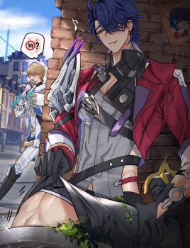 3boys absurdres armor black_gloves black_male_underwear black_pants black_shirt blonde_hair blue_hair brick_wall caelus_(honkai:_star_rail) earrings gepard_landau gloves green_eyes grey_hair grey_shirt hair_over_one_eye highres honkai:_star_rail honkai_(series) in_container in_trash_can jacket jewelry male_focus male_underwear multicolored_hair multicolored_shirt multiple_boys one_eye_covered pants pnk_crow red_jacket sampo_koski shirt short_hair speech_bubble stud_earrings teeth thought_bubble trailblazer_(honkai:_star_rail) trash_can underwear wanted_poster