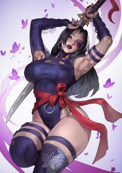 1girl akira_raikou animal_print armpits belt black_hair blunt_sidelocks breasts bug butterfly butterfly_print commentary curvy earrings elbow_gloves gloves halter_leotard halterneck highleg highleg_leotard highres holding holding_sword holding_weapon hoop_earrings insect jewelry large_breasts leotard long_hair looking_at_viewer marvel marvel_rivals parted_bangs psylocke psylocke_(vengeance) purple_eyes purple_leotard purple_lips red_sash sash shiny_skin sidelocks solo superhero_costume sword thick_thighs thigh_belt thigh_strap thighhighs thighs thong_leotard waist_sash weapon wide_hips x-men