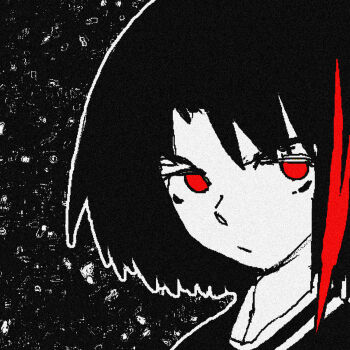 Rule 34 | 1girl, album cover, black hair, black hoodie, cover, highres, hood, hoodie, hope left me (astrophysics), image sample, looking at viewer, pale skin, red eyes, red hair, sasha (astrophysics), space