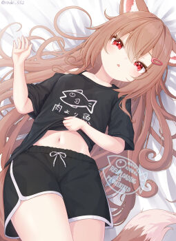 1girl animal_ear_fluff animal_ears animal_print artist_name bed_sheet black_shirt black_shorts breasts brown_hair clothes_lift collarbone commentary dolphin_shorts fish_print hair_ornament hairclip highres long_hair looking_at_viewer lying navel on_back open_mouth original rade_(rade_552) red_eyes shirt shirt_lift short_shorts short_sleeves shorts signature small_breasts solo symbol-only_commentary tail very_long_hair watermark wolf_ears wolf_girl wolf_tail