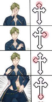 1boy cross closed_eyes green_hair hand_in_pants highres jewelry male_focus nu_carnival olivine_(nu_carnival) open_clothes religion short_hair simple_background smile