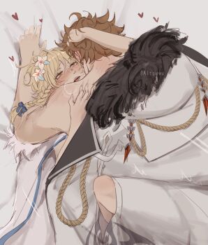 1boy 1girl aitsuwu alternate_costume bed_sheet blonde_hair blue_bow blush bow braid brown_hair coat coat_on_shoulders commentary english_commentary flower fur-trimmed_coat fur_trim genshin_impact hair_between_eyes hair_bow hair_flower hair_ornament heart hetero highres lumine_(genshin_impact) lying nude on_back parted_lips sex sheet_grab sweat tartaglia_(genshin_impact) white_coat white_flower
