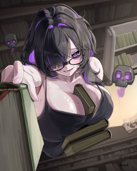 1girl 95hoody artist_name bare_arms bare_shoulders between_breasts black-framed_eyewear black_dress blush book book_truck bookshelf breasts cart colored_inner_hair commentary dated dress floating_skull foreshortening from_above furrowed_brow glasses goddess_of_victory:_nikke hair_over_one_eye heart heart_in_eye highres holding holding_book huge_breasts indoors label_(nikke) library long_hair looking_at_viewer looking_over_eyewear low_neckline lower_teeth_only messy_hair mojyo mole mole_on_breast multicolored_hair open_mouth outstretched_arm pale_skin purple_eyes purple_hair sleeveless sleeveless_dress solo symbol-only_commentary symbol_in_eye teeth two-tone_hair