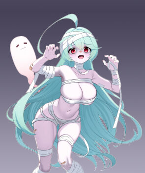 1girl absurdres alternate_skin_color aqua_hair bandages bandaid bandaid_on_knee bandaid_on_leg blue_archive breasts cleavage collarbone dopamine70 gradient_background grey_background halloween highres large_breasts long_hair looking_at_viewer mummy_costume naked_bandage no_halo pale_skin red_eyes standing very_long_hair yume_(blue_archive)