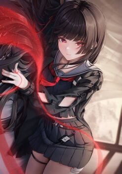 1girl absurdres arm_cutout black_hair black_jacket black_serafuku black_shirt chisa_(wuthering_waves) closed_mouth clothing_cutout commentary hair_ribbon highres id_card jacket long_hair long_sleeves looking_at_viewer mole mole_under_eye neckerchief red_eyes red_neckerchief red_ribbon ribbon sailor_collar school_uniform serafuku shirt smile solo string string_of_fate thigh_strap thighs uromuromu white_sailor_collar wuthering_waves