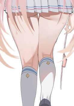 1girl absurdres ammak ass blue_archive commentary from_behind hanako_(blue_archive) highres long_hair lower_body pink_hair simple_background skirt socks solo sweatdrop symbol-only_commentary thighs white_background white_skirt white_socks