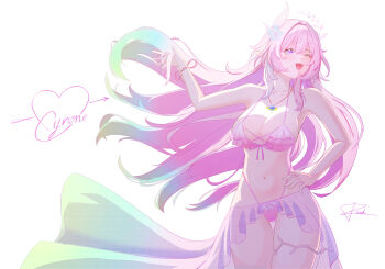 1girl ;o absurdres aqua_hair bikini breasts character_name commentary cyrene_(honkai:_star_rail) cyrene_(ripples_of_past_reverie)_(honkai:_star_rail) diamond-shaped_pupils diamond_(shape) english_commentary flower gradient_hair hair_flower hair_ornament highres honkai:_star_rail honkai_(series) jewelry large_breasts long_hair multicolored_hair multiple_girls navel necklace one_eye_closed pink_bikini pink_hair pointy_ears puithenh purple_eyes sarong see-through_clothes see-through_sarong simple_background solo stomach swimsuit symbol-shaped_pupils thighs variant_set very_long_hair white_background white_hair