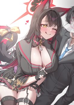 1boy 1girl ;q absurdres animal_ear_fluff animal_ears asymmetrical_legwear black_garter_straps black_gloves black_hair black_suit blue_archive blue_necktie blush bow breasts cleavage colored_inner_hair commentary doodle_sensei_(blue_archive) dress_shirt fingerless_gloves formal_clothes fox_ears fox_girl fox_tail garter_straps gloves gyu_chul halo heart hetero highres huge_breasts leaning_on_person long_hair multicolored_hair necktie one_eye_closed paper_on_head pleated_skirt red_hair sensei_(blue_archive) shirt skirt smile straight_hair suit tail tail_bow tail_ornament tongue tongue_out two-tone_hair very_long_hair wakamo_(blue_archive) white_shirt