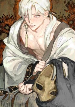 1boy bite_mark bite_mark_on_breast bite_mark_on_shoulder black_hands colored_extremities crying crying_with_eyes_open earrings flower fox_mask fox_mask_(silent_hill) gioffrey1 highres holding holding_unworn_clothes jewelry looking_at_viewer low_ponytail male_focus mask nipples open_clothes pectorals ponytail removing_mask robe shimizu_hinako silent_hill_(series) silent_hill_f single_earring spider_lily tassel tassel_earrings tears white_hair white_robe yellow_eyes