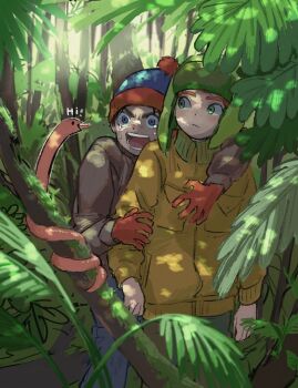 Rule 34 | 2boys, beanie, blue eyes, blue hat, brown jacket, clinging, closed mouth, commentary, crying, crying with eyes open, dappled sunlight, day, forest, gloves, green eyes, green hat, hat, highres, jacket, kyle broflovski, male focus, moss, multiple boys, nature, open mouth, orange jacket, outdoors, pom pom (clothes), pom pom beanie, red gloves, scared, snake, south park, stan marsh, sunlight, symbol-only commentary, tears, teeth, tree, ume-bayashi, v-shaped eyebrows