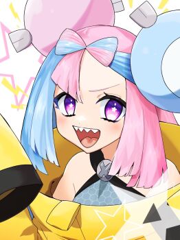 1girl :d blush bow-shaped_hair character_hair_ornament commentary_request grey_shirt hair_ornament happy highres iono_(pokemon) jacket lightning_bolt_symbol long_hair long_sleeves looking_at_viewer multicolored_hair nintendo open_mouth pokemon pokemon_scarlet_and_violet purple_eyes sharp_teeth shirt sleeveless sleeveless_shirt smile solo star-shaped_pupils star_(symbol) symbol-shaped_pupils teeth toi_(nisanrei121) tongue two-tone_hair upper_body upper_teeth_only yellow_jacket