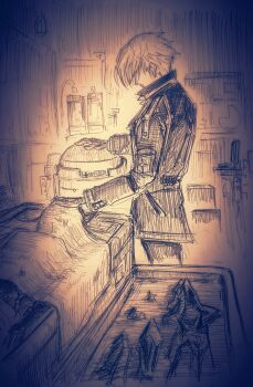 1boy 1girl 85cm85cm armor bed bed_sheet belt burnt commentary_request goddess_of_victory:_nikke hand_on_another&#039;s_head highres hospital_bed indoors jacket johan_(nikke) long_sleeves lying mechanical_hands military_jacket military_uniform monochrome noah_(nikke) on_back on_table sepia sketch table tray under_covers unworn_armor