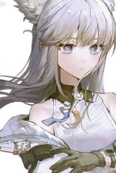 1girl absurdres animal_ears arknights arknights:_endfield arms_under_breasts bare_shoulders bird_ears bird_girl black_gloves blue_eyes breasts bright_pupils closed_mouth d_yoong expressionless floating_hair floating_neckwear gloves grey_hair highres jacket long_hair looking_at_viewer medium_breasts off_shoulder open_clothes open_jacket perlica_(arknights) portrait quilted_clothes quilted_jacket simple_background sleeveless solo watch white_background white_jacket wristwatch yellow_pupils