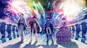 1girl 3boys aotsuki_eito balcony black_hair boots bouquet closed_mouth commentary_request detached_sleeves dress fireworks flower glasses gloves grey_hair hand_on_own_hip highres holding holding_bouquet knee_boots long_hair long_sleeves multicolored_hair multiple_boys necktie nigou_(hundred_line) official_art pants pink_flower purple_hair red_gloves red_hair red_necktie sirei_(hundred_line) standing streaked_hair sumino_takumi the_hundred_line_-last_defense_academy- tsukumo_ima tsukumo_kako yellow_flower