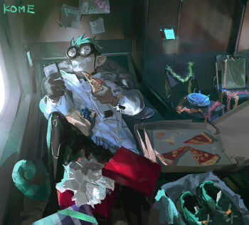 1boy arknights black_pants blue_hair box cellphone chair coat commentary ethan_(arknights) food frischenq gloves goggles goggles_on_head green_shoes holding holding_food holding_phone holding_pizza lizard_tail looking_at_phone male_focus pants phone pizza pizza_box pizza_slice plate pointy_ears reptile_boy shoes solo symbol-only_commentary tail tinsel unworn_shoes white_coat