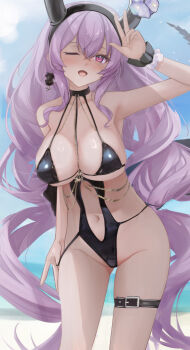 1girl 462vvv absurdres arknights armpits bare_shoulders beach between_breasts bikini bikini_pull black_bikini black_hairband blue_sky blush breasts chain cleavage clothes_pull collarbone commentary_request crossed_bangs day earrings fake_horns flower gold_chain groin hair_between_eyes hairband halterneck hand_up highres horn_flower horns jewelry large_breasts light_particles long_hair looking_at_viewer navel ocean one_eye_closed open_mouth purple_eyes purple_hair revision scrunchie sidelocks single_earring sky smile solo standing stomach swimsuit thigh_strap thighs typhon_(arknights) very_long_hair wet